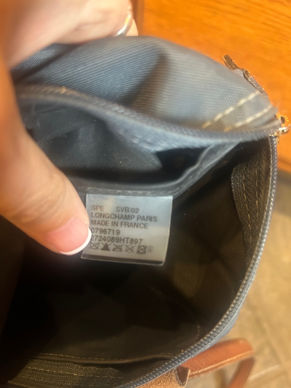 Longchamp Le Pliage Navy Tote with Brown Leather Trim - Picture 11 of 13
